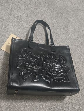 Patricia Nash Top Handle Crossbody Black Leather Rose Tooled Bag New With Tags